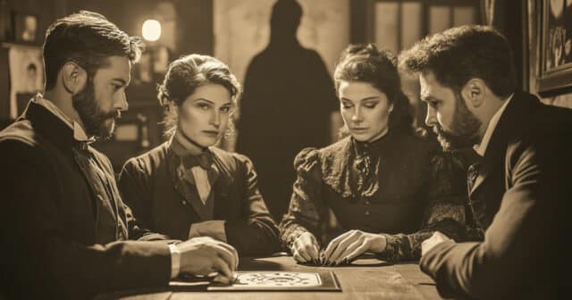 people using a ouija board at a seance