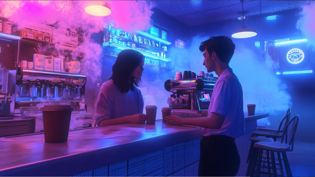 A couple of coffee shop workers experience a glitch in the matrix.