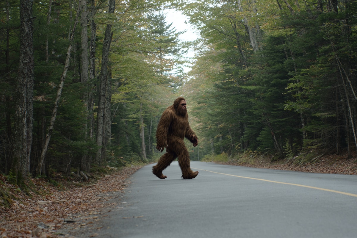 Bigfoot crossing the road