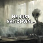 Mysterious gray alien sits down on man's couch.