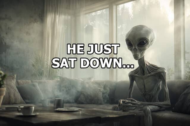 Mysterious gray alien sits down on man's couch.