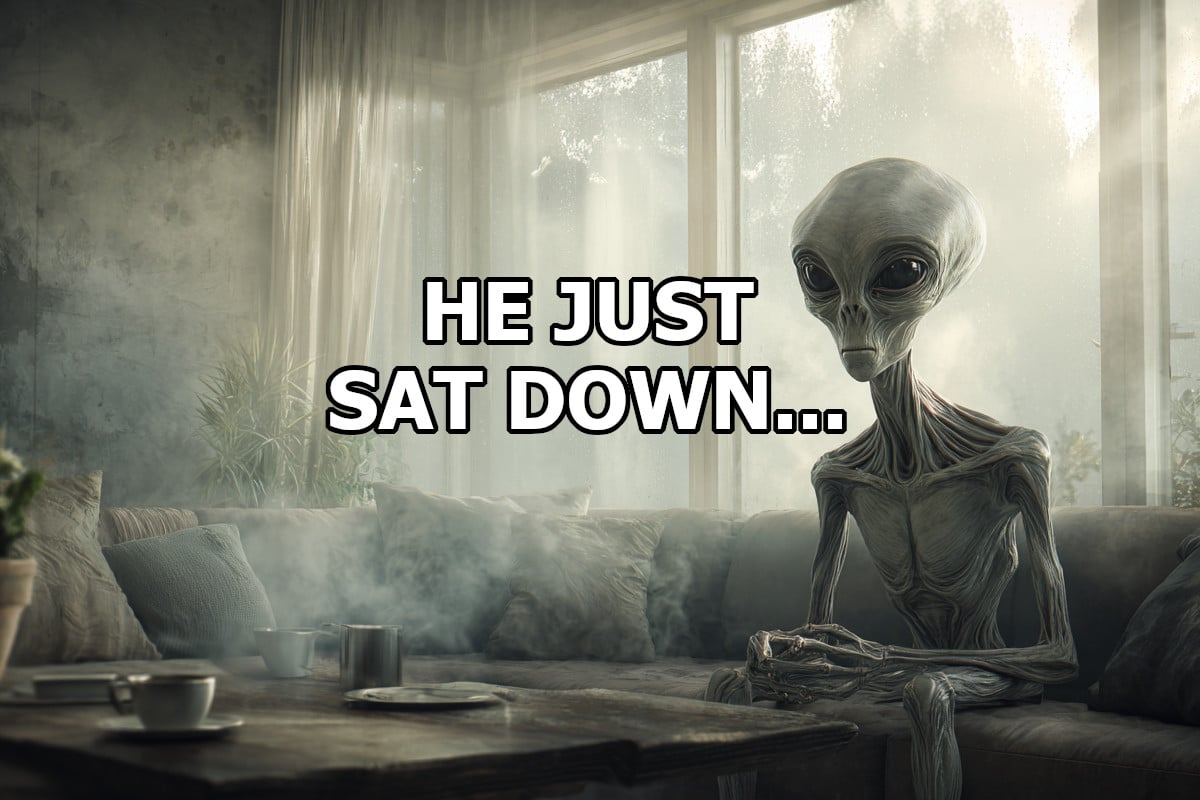 Mysterious gray alien sits down on man's couch.