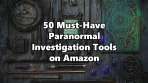 Paranormal investigation tools laid out on dark wood including EMF meter, spirit box, EVP recorder, UV flashlight and dowsing rods