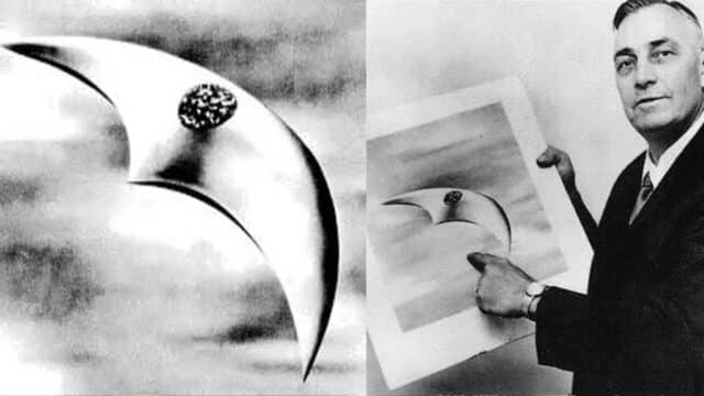 Kenneth Arnold holing an illustrators sketch of the UFOs he saw in Washington state.