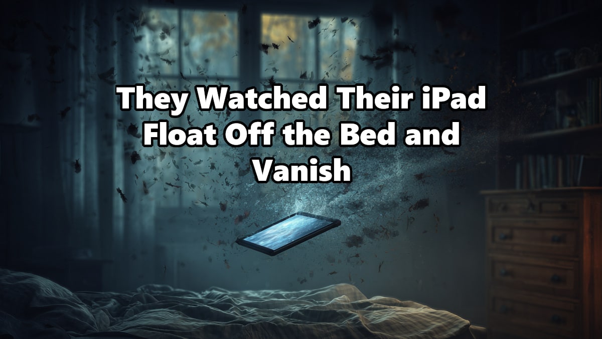 A tablet device hovering a few inches above a bed in a dark bedroom, beginning to dissolve into glitching digital light and shadow, the room flickering with eerie blue light.