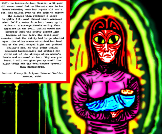 Illustration of the alien who reached through a portal to steal a baby.